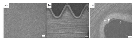 a.回火索氏體組織 b.螺紋滲碳層 c.螺紋根部裂紋 a.回火索氏體組織 b.螺紋滲碳層 c.螺紋根部裂紋